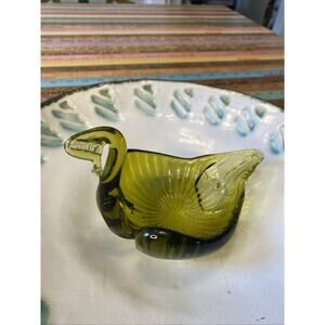 MCM 1960s Hand Blown Glass Swan Trinket Dish Avacado Green